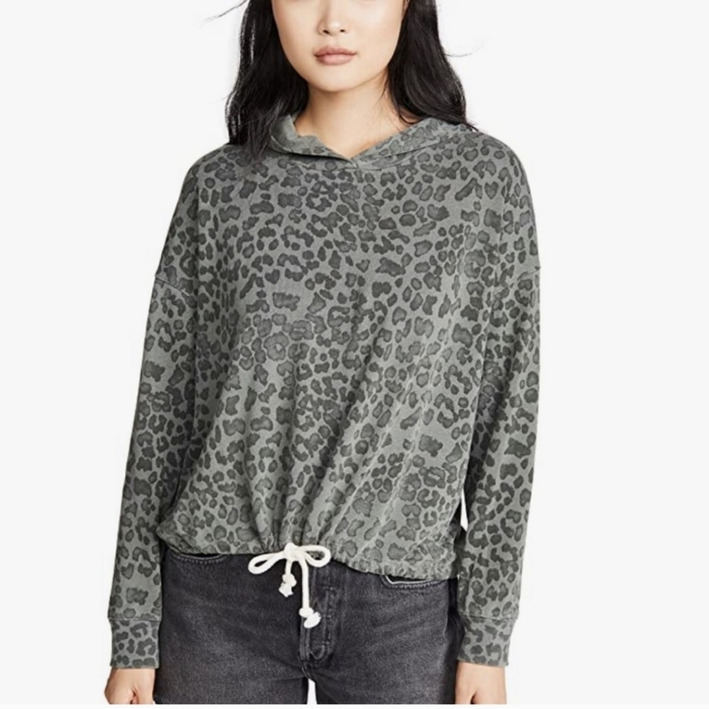 Sundry Leopard Drawstring Hoodie Sweatshirt Faded Gray Leoapard Print Size 2=Med